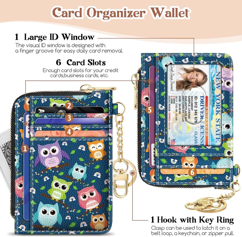 GIANCOMICS Slim Wallet Credit Card Holder Women, Owls Rfid Blocking Small Card Case, Keychain Thin Pocket Curved Zipper Wallet, Travel Card Holder PU Leather ID Window, Ladies Female Gifts - Image 4